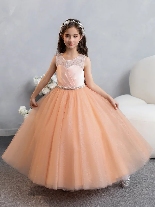 Crew Neck Lace Tulle Flower Girl Dresses with Pearls & Bowknot Lace Dress Trendy