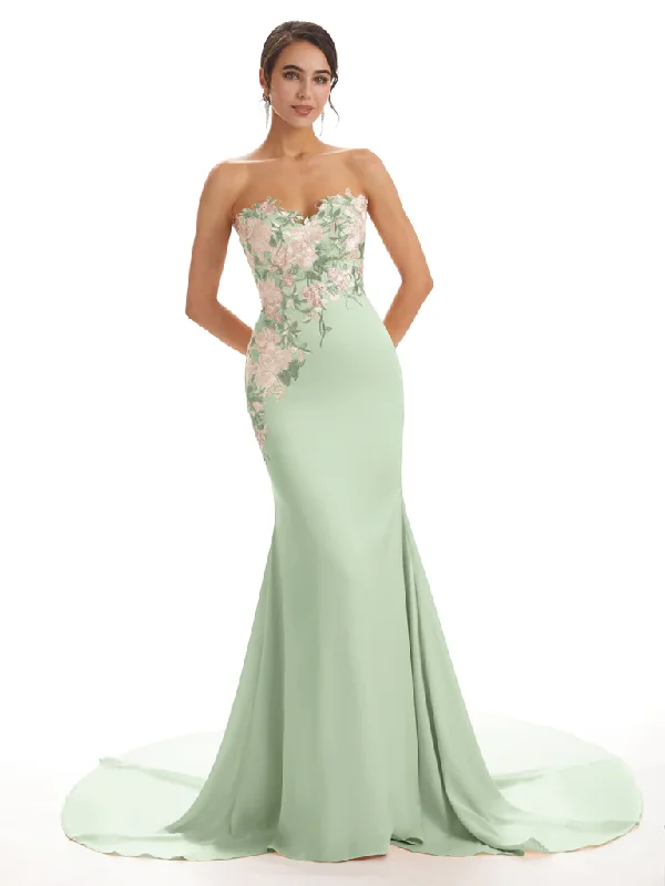 Cute Sweetheart Soft Satin Floral Lace Mermaid Long Bridesmaid Dresses In Stock Lace Detail Dress