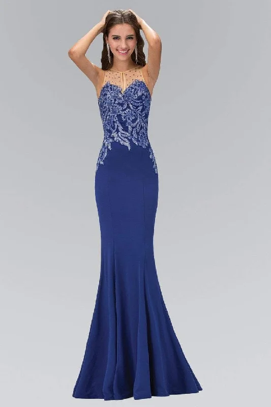 Elizabeth K GL1413- Beaded Lace Applique Illusion Jewel Dress Sexy Lace Gown