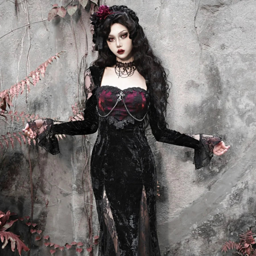 Gothic Crimson Halloween Lace Slim Velvet Fishtail Dress S22337 Lace Dress Summer