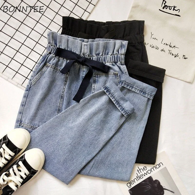 Jeans Women All-match Stylish Oversized 3XL Autumn Boyfriend Jean Lace Up High Waist Wide Leg Trousers Casual Baggy Big Pockets Lace Dress Glamour