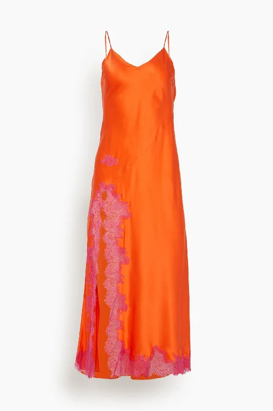 Lace Applique High Slit Slip in Tangerine Lace Evening Gown