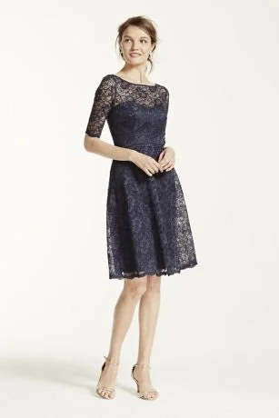 David's Bridal  Short Lace Dress with Illusion Neck and Sleeves Classic Lace Dress