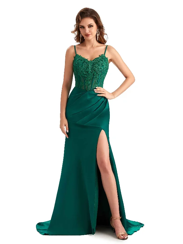 Sexy Side Slit Mermaid Silky Satin Lace See Through Unique Long Bridesmaid Dresses Lace Party Gown