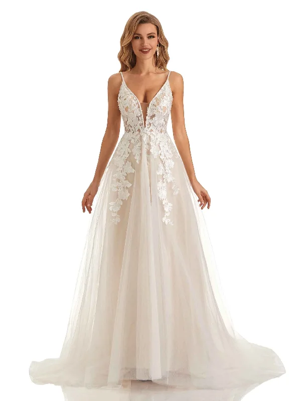 Elegant Spaghetti Straps Lace Applique A-line Wedding Dresses Online Floral Lace Dress