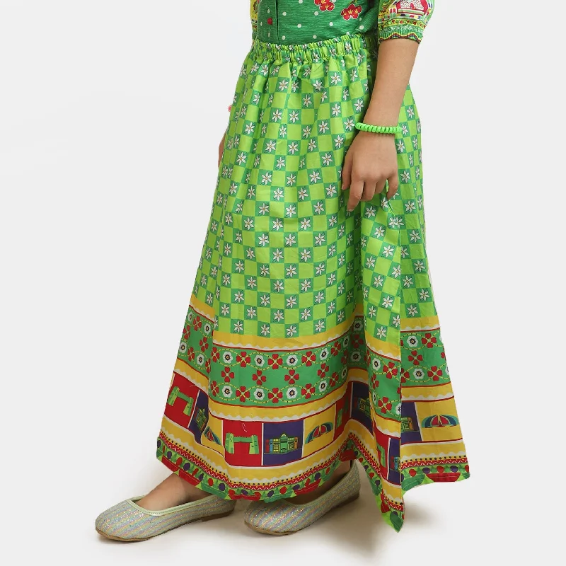 Girls Cotton independence Long Skirt National Flower - Green Bold Maxi Skirt