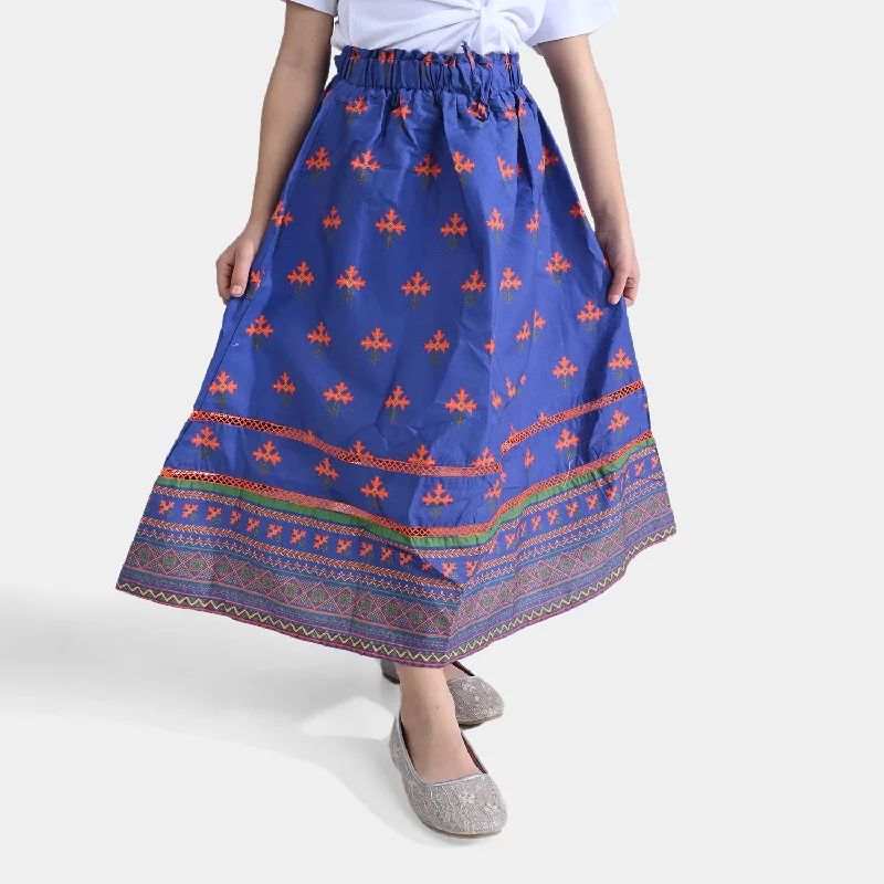 Girls Cotton Poplin Long Skirt Balochi Art-Blue Plaid Maxi Skirt