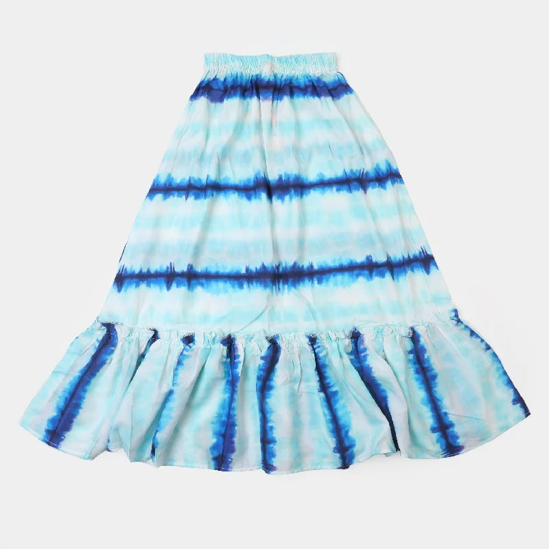 Girls Digital Print Long Skirt Lines - Blue Casual Maxi Skirt