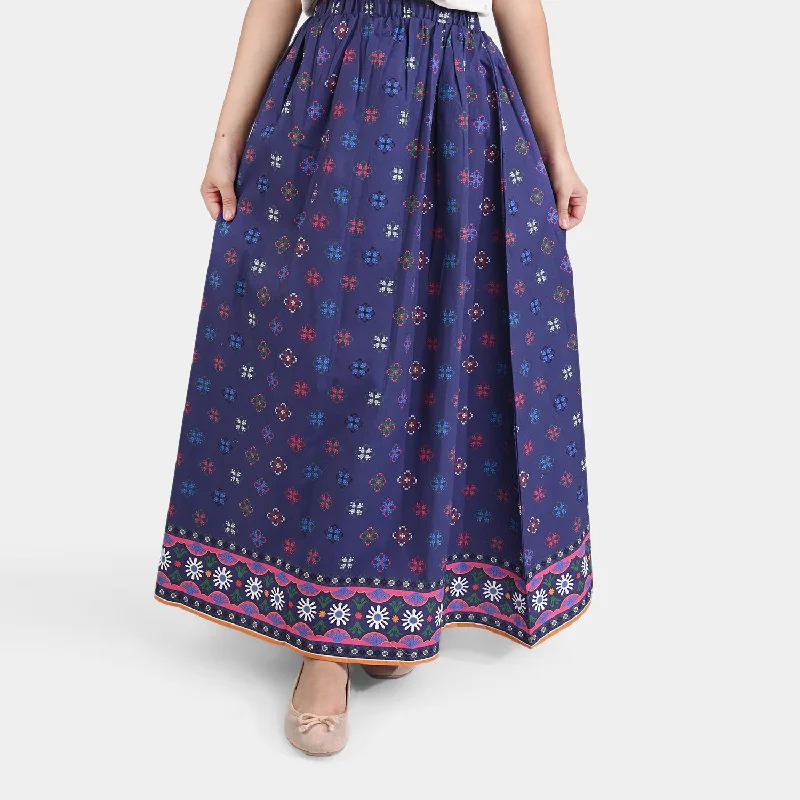 Girls Cotton Poplin long Skirt Calla-Blue Pleated A-line Skirt