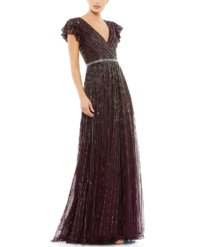 Mac Duggal Sequined Wrap Over Ruffled Cap Sleeve Gown Sequin Backless Dress