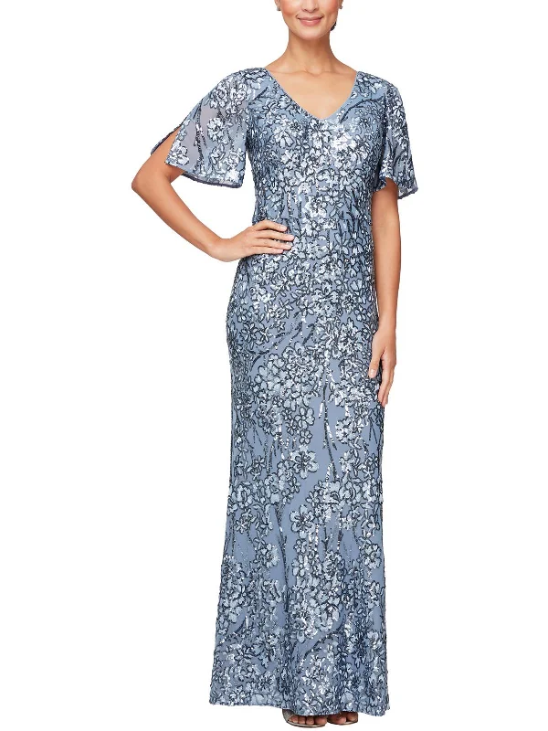 Petites Womens Sequined Cold Shoulder Evening Dress Sequin Dress Allure