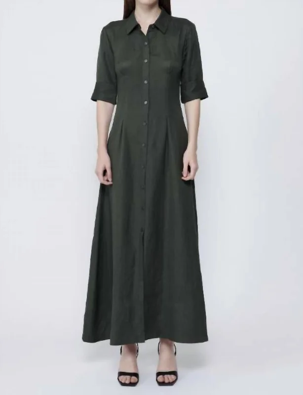 Claudine Short Sleeve Shirt Midi Dress In Army Midi Skirt Outfit