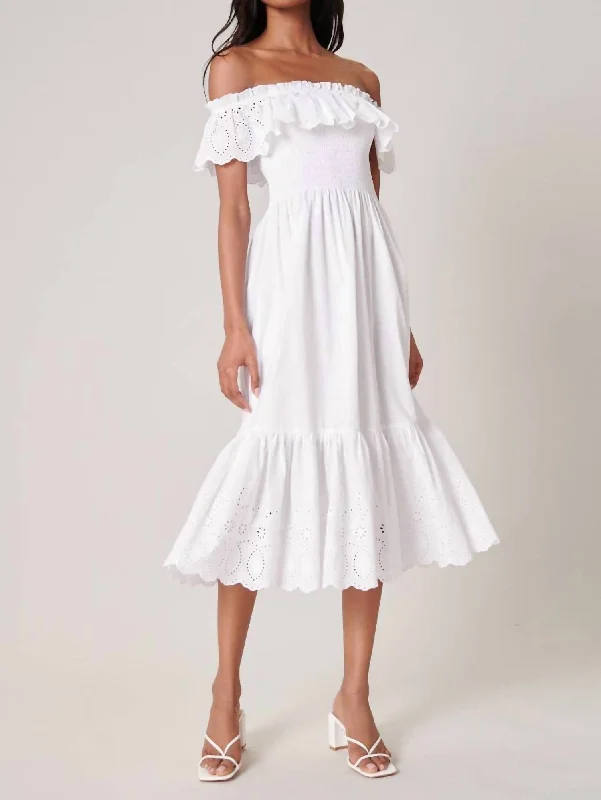 Esmeralda Smocked Eyelet Midi Dress In White Ruffled Midi Skirt