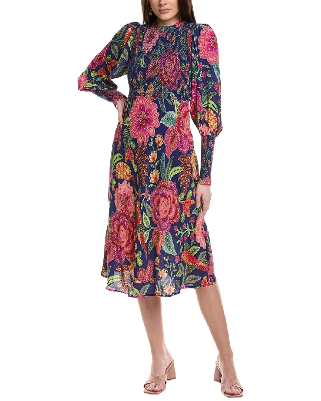 FARM Rio Macaw Bloom Smocking Midi Dress Vintage Printed Skirt