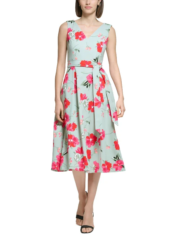 Petites Womens Floral Midi Fit & Flare Dress Ruffled Floral Skirt