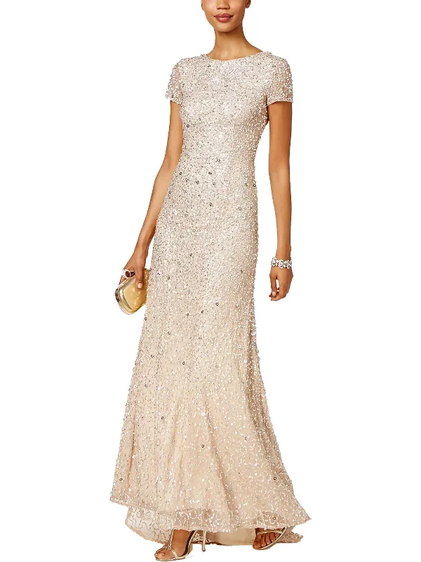 Petites Womens Sequined Cap Sleeve Evening Dress Elegant Sequin Dress