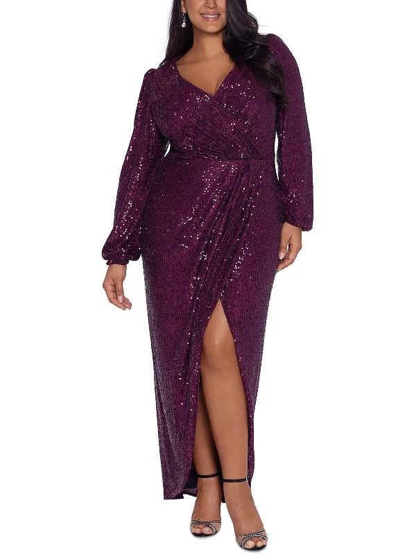 Plus Womens Sequined Surplice Evening Dress Formal Sequin Dress