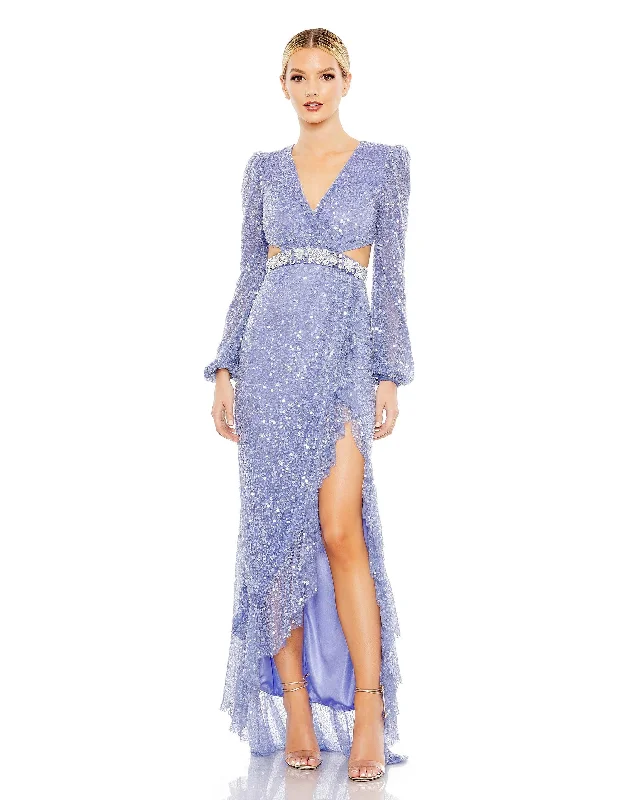 Sequined Faux Wrap Cut Out Puff Sleeve Gown Sequin Dress Glam