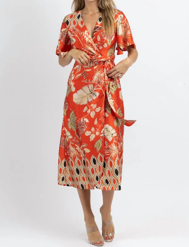 Waikiki Wrapped Satin Midi Dress In Orange/multi Midi Skirt Trend