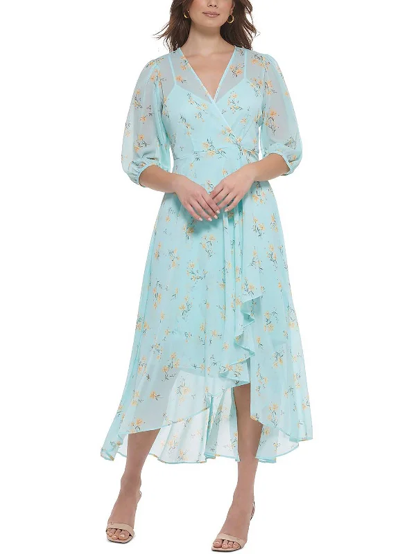 Womens Chiffon Floral Midi Dress Printed Satin Midi