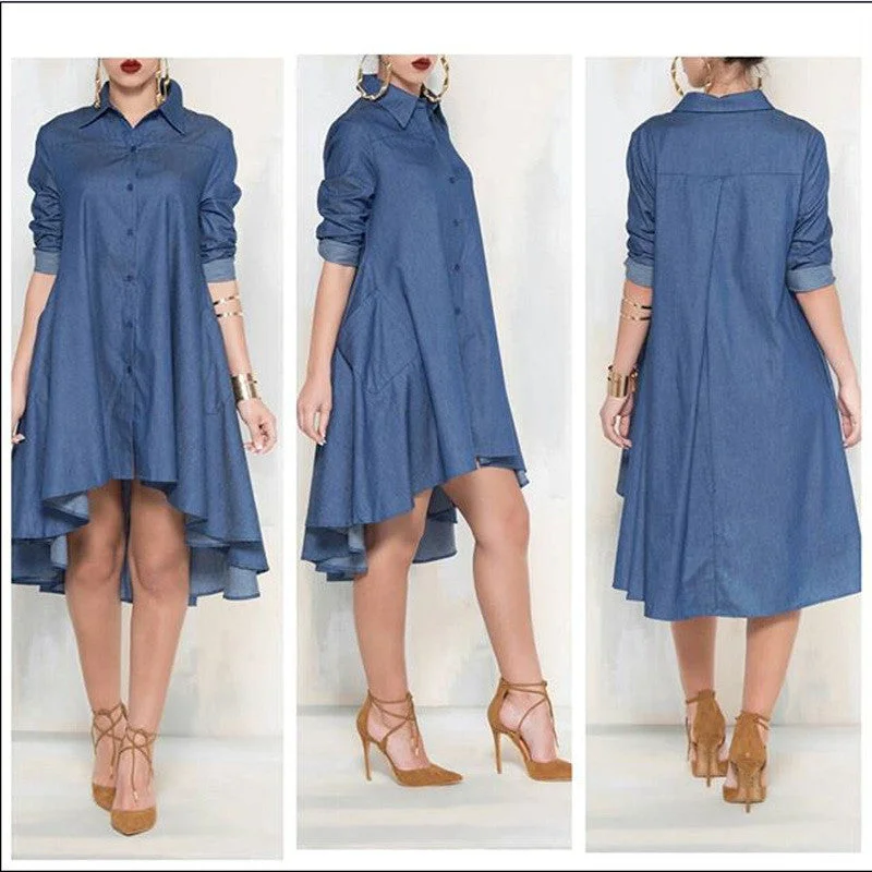 Casual Denim Blue Pockets Shirt Irregular Loose Dress Stylish Shirt Dress