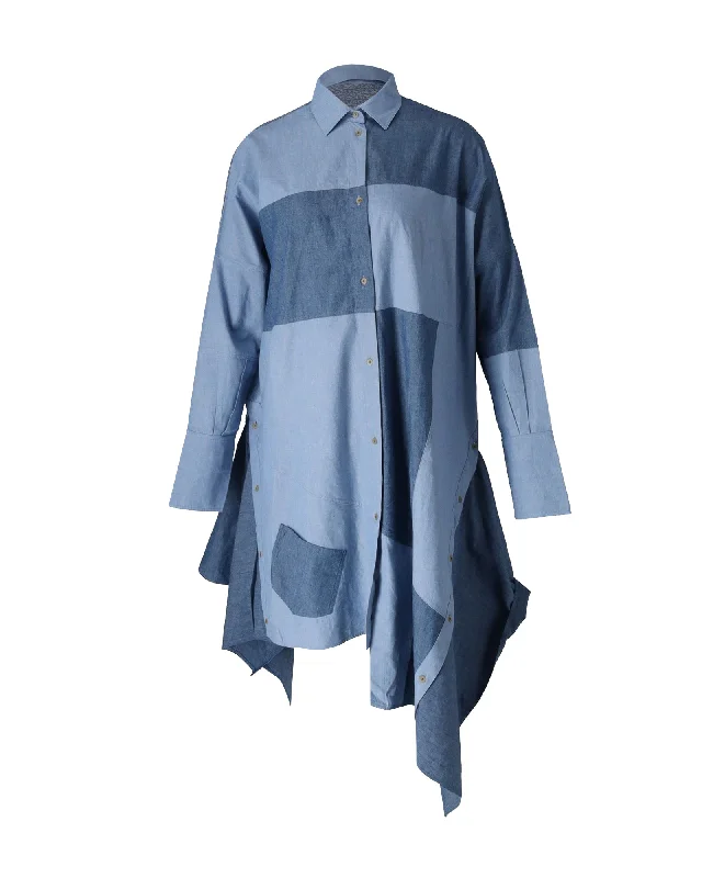 Loewe Asymmetric Patchwork Chambray Shirt Dress in Blue Cotton Bohemian Shirt Dress