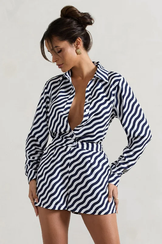 Ryder | Navy Wave Print Satin Tie-Front Shirt Trendy Shirt Dress