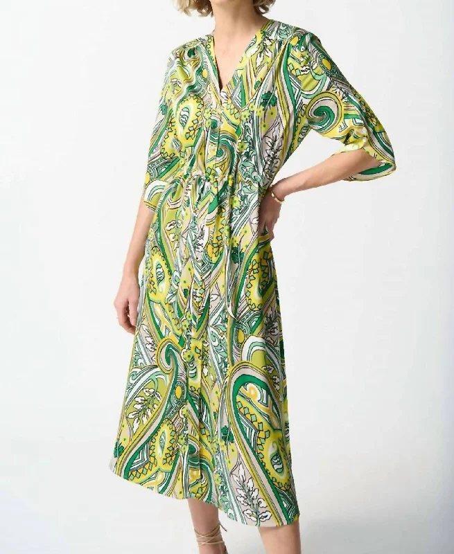 Satin Paisley Print Shirt Dress In Green/vanilla/multi Flowy Shirt Dress