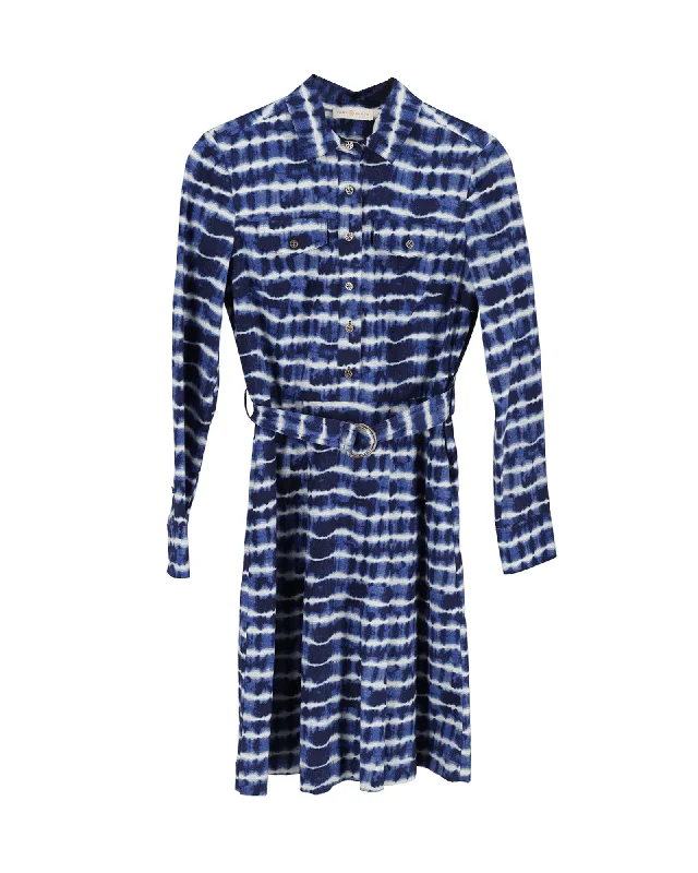 Tory Burch Tie Dye Shirt Dress in Blue Cotton Satin Shirt Dress