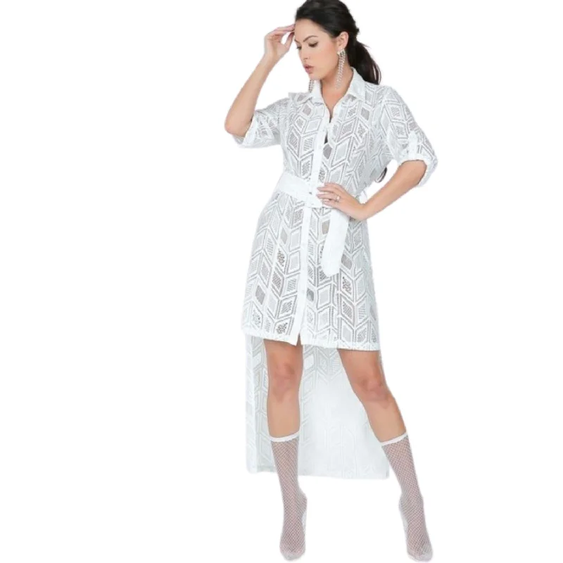 Belted Hi Low Placket Lace Shirt Dress Layered Shirt Dress