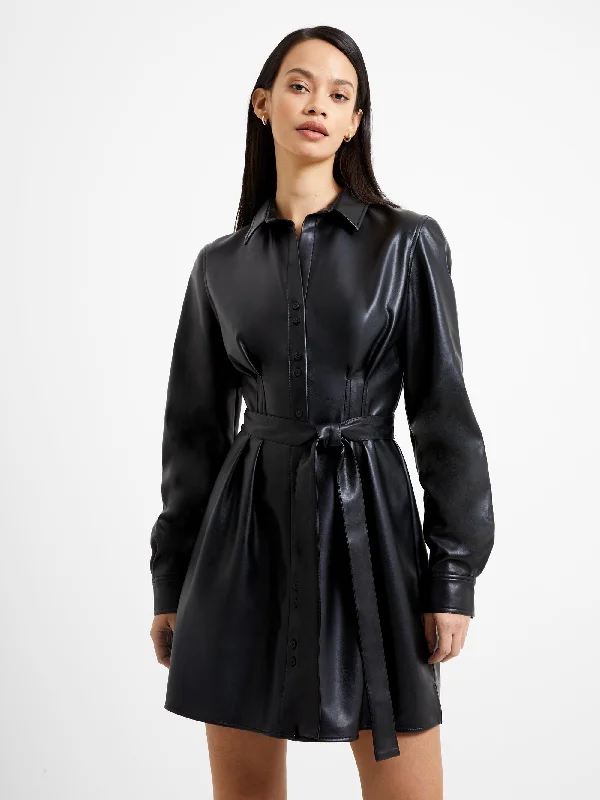 Crolenda PU Belted Shirt Dress Stylish Button Shirt