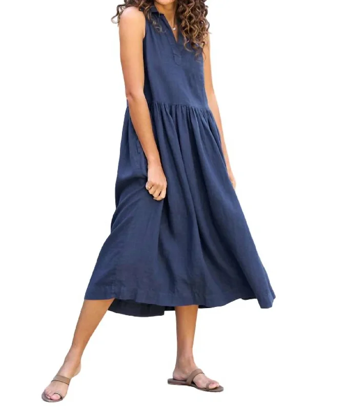 Daphnee Sleeveless Popover Linen Shirt Dress In Navy Fashionable Shirt Dress