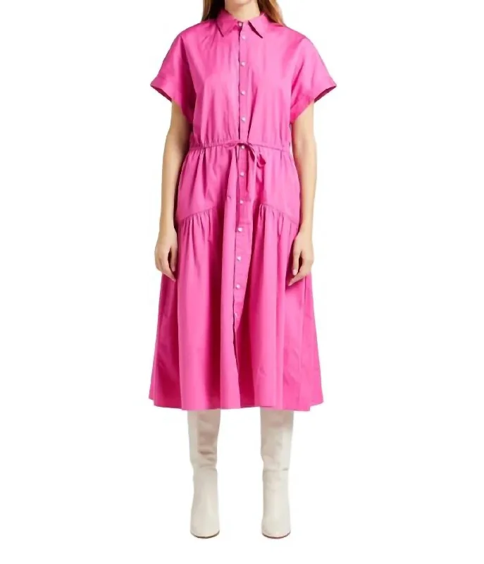 Drawstring Cotton Shirt Dress In Fuschia Casual Shirt Dress