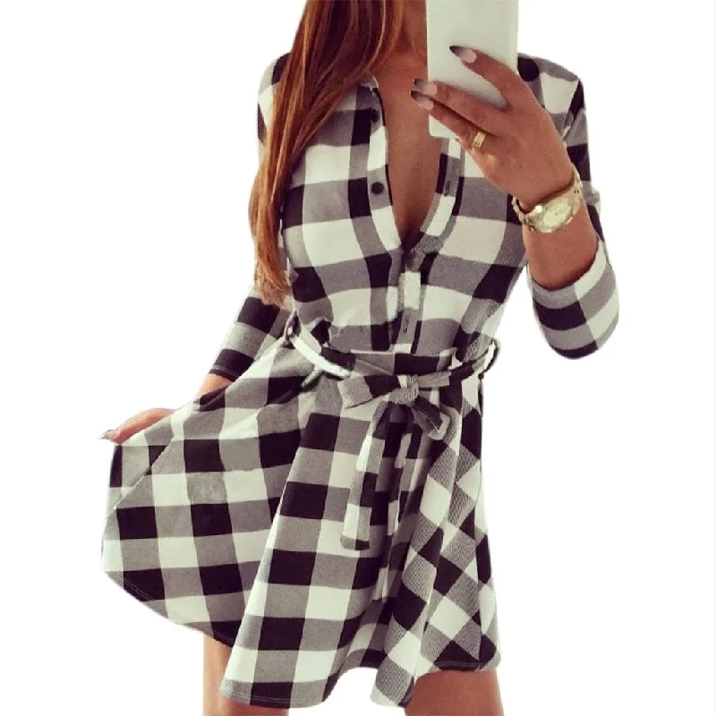 Ladies Plaid Belt Shirt Dress Lapel Button Dress Dress Shirt Chic