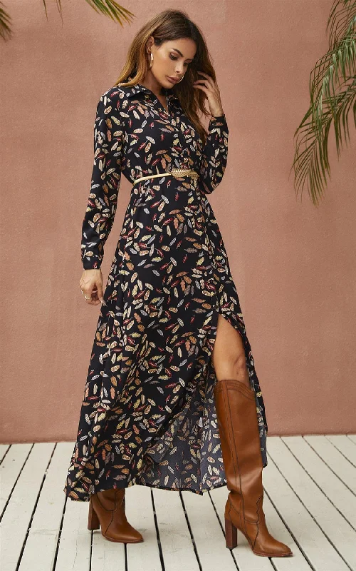 Leaf Print Black Shirt Dress With Tie Waist + Free Gold Stretch Leaf Belt Comfy Shirt Dress