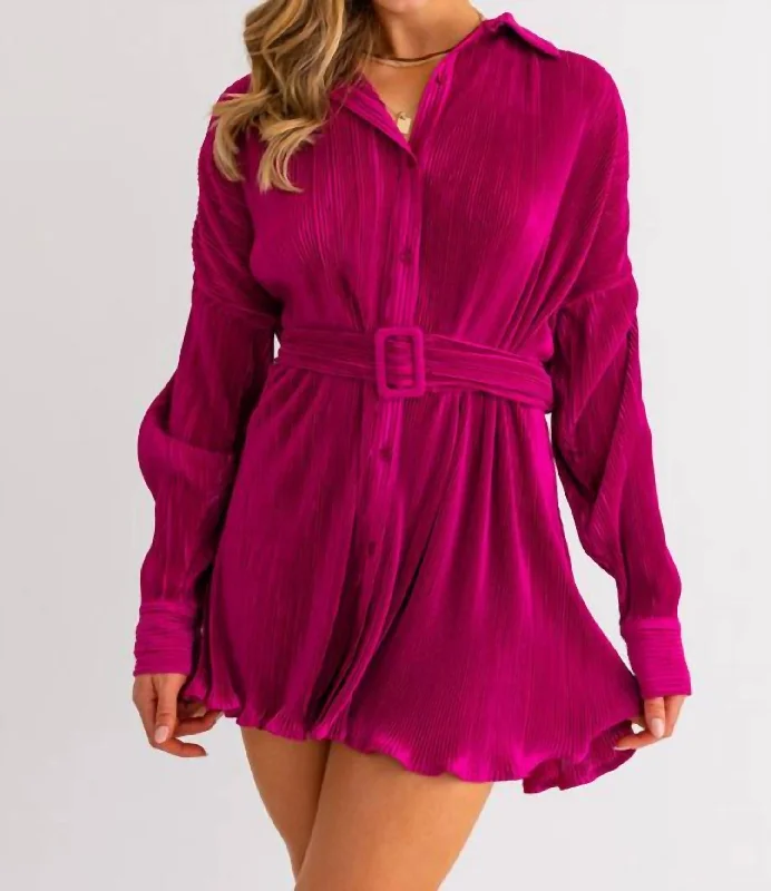 Pleated Shirt Dress In Magenta Black Shirt Dress