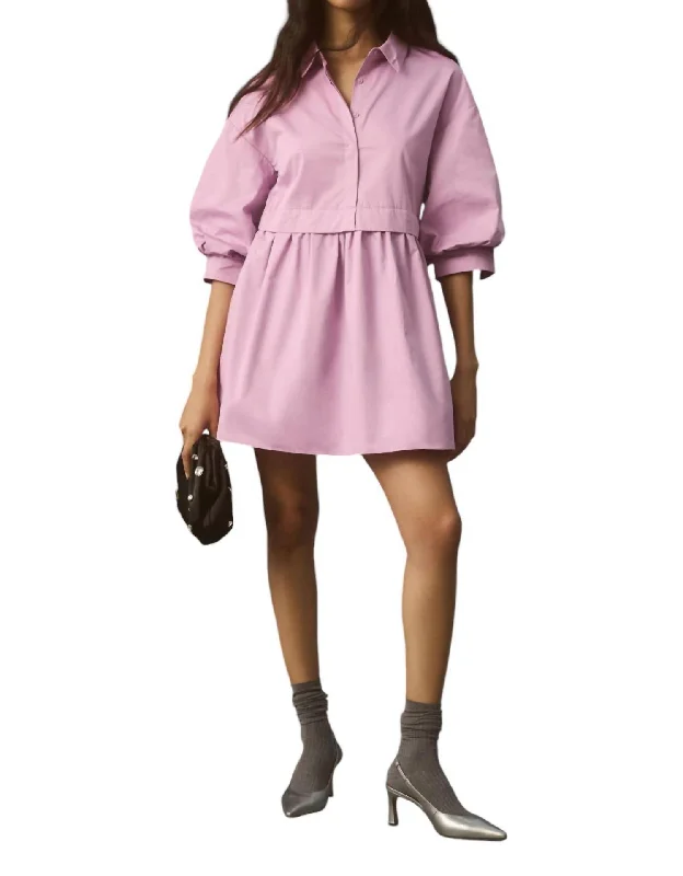 Puff Sleeve Shirt Dress In Lilac Relaxed Fit Shirt