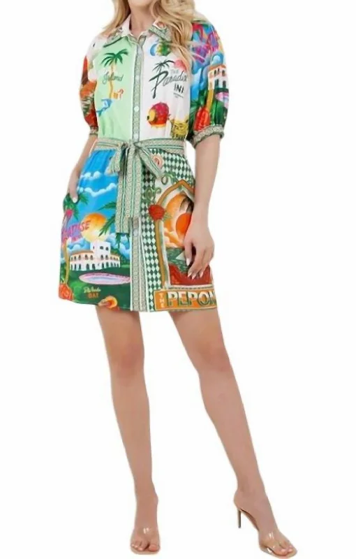 Resort Print Shirt Dress In Multi V-neck Shirt Dress