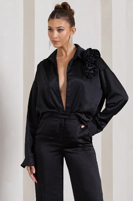 Rosanna | Black Satin Oversized Shirt With Flowers Denim Shirt Dress