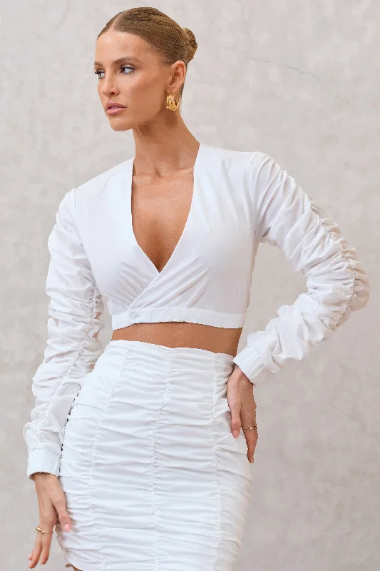 Sundown | White Ruched Sleeve Wrap Detail Cropped Shirt Classic Shirt Gown