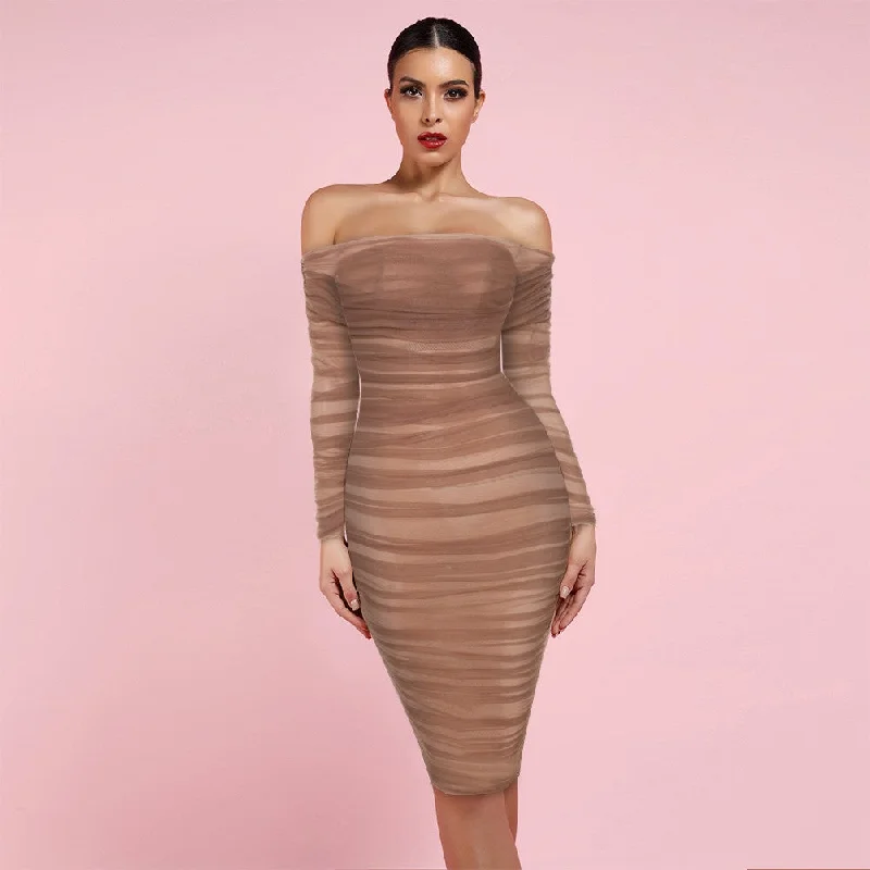 Brown Off Shoulder Long Sleeve Mesh Bodycon Dress Bodycon Dress Chic