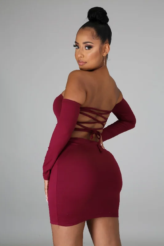 Burgundy Off Shoulder Lace Up Bodycon Dress Fitted Bodycon Dress