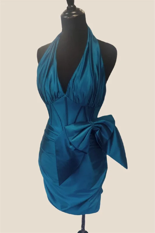 Halter Blue Ruched Tight Short Dress with Bow Bodycon Dress Sleek