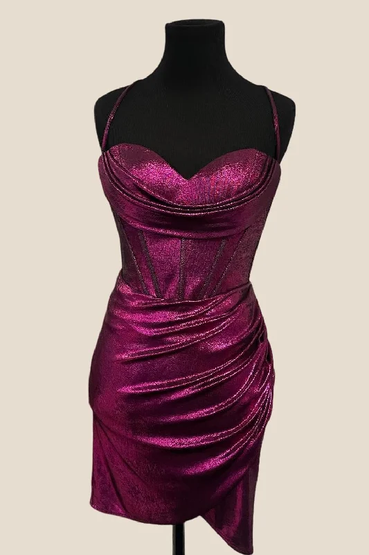 Magenta Cowl Neck Ruched Bodycon Short Dress High Neck Bodycon