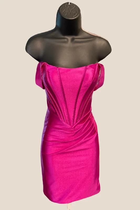 Off the Shoulder Hot Pink Ruched Tight Short Dress Mesh Bodycon Dress