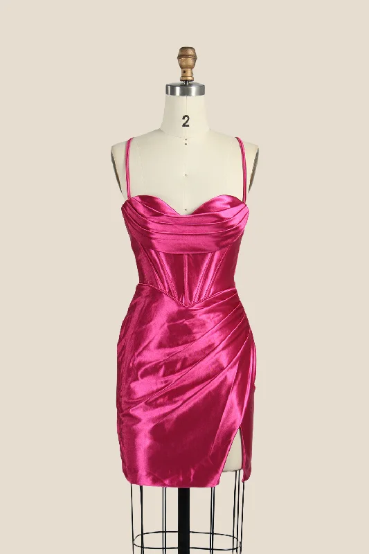 One Shoulder Fuchsia Ruched Tight Short Dress Stylish Bodycon Dress