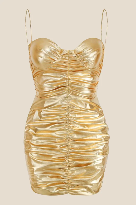 Spaghetti Straps Golden Ruched Tight Short Dress Bodycon Dress Summer