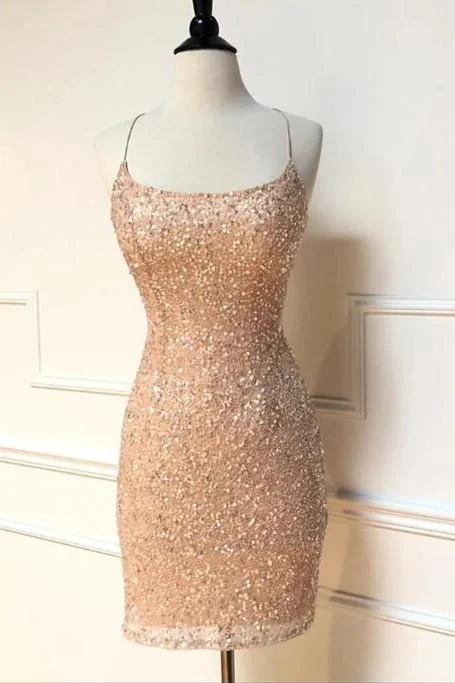 Sparkle Straps Tight Peach Sequins Short Homecoming Dress,DH0008 Bodycon Evening Dress