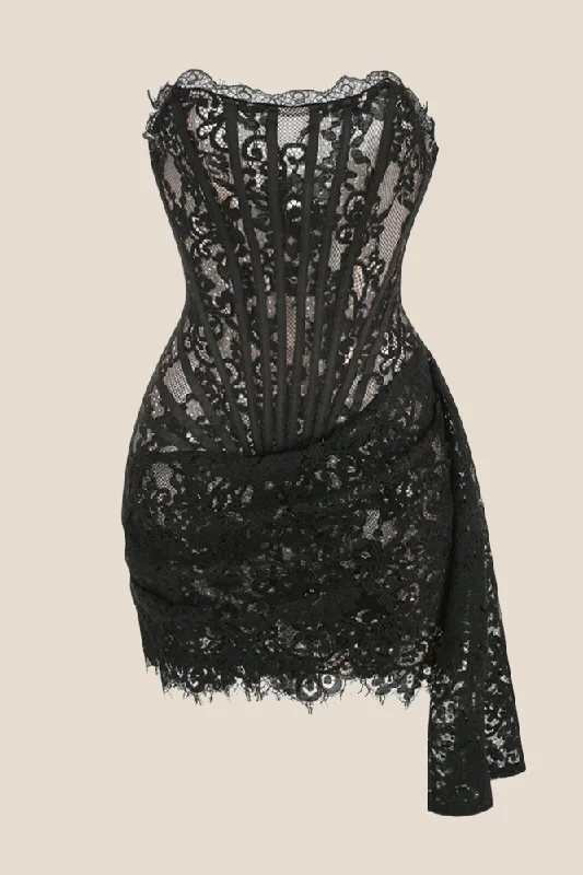 Strapless Black Tight Lace Short Dress with Shawl V-neck Bodycon Dress