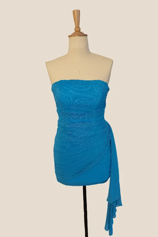 Strapless Blue Tight Short Dress with Shawl Off-shoulder Bodycon